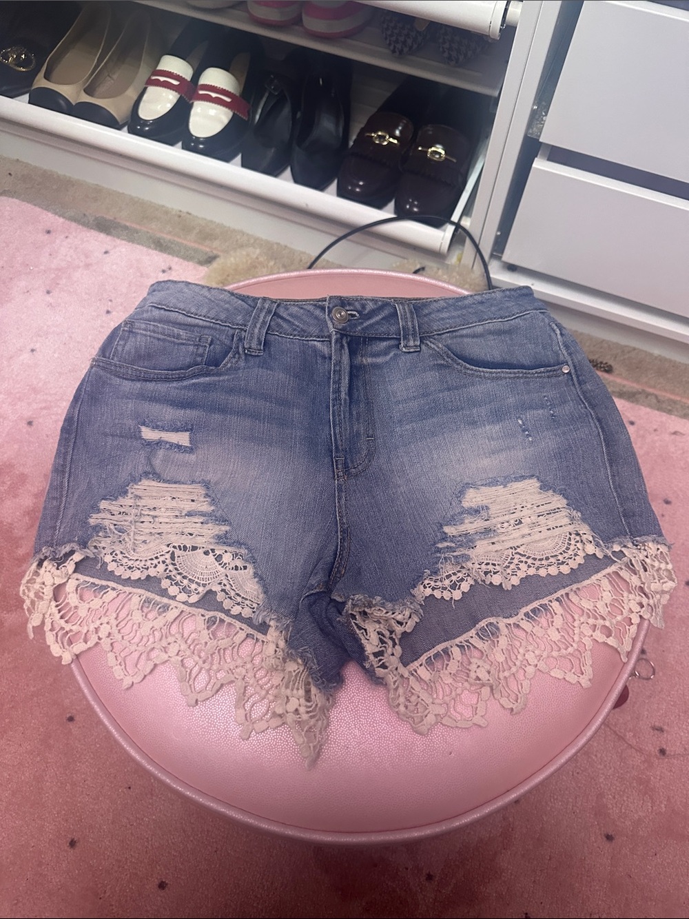 Lace Trim Distressed Denim Shorts. Women's - Blue, Sz 13